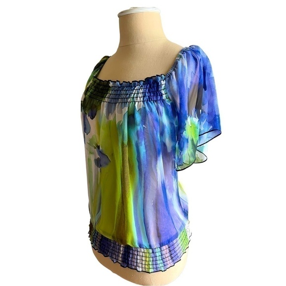 Wrapper Sheer Floral Blue & Green Watercolor Dreamy Flutter Sleeve Blouse XS - Picture 3 of 9